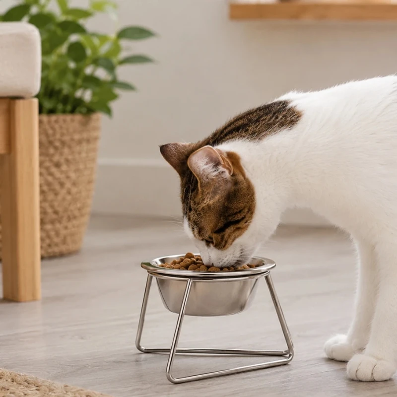 chat adulte mange dans une gamelle anti-glouton srelevee